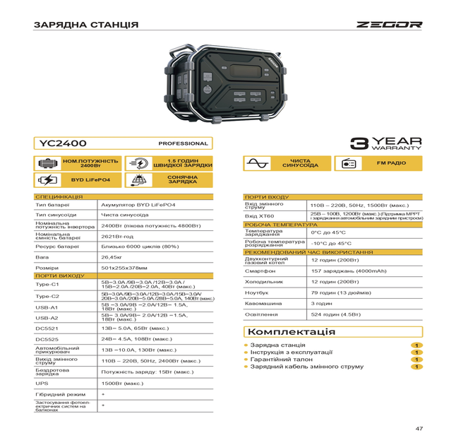 Зарядна станція ZEGOR YC 2400 / 2400 Вт (пікова потужність 4800Вт) / 2621 Вт⋅год / Акумулятор BYD LiFePO4 - зображення 2