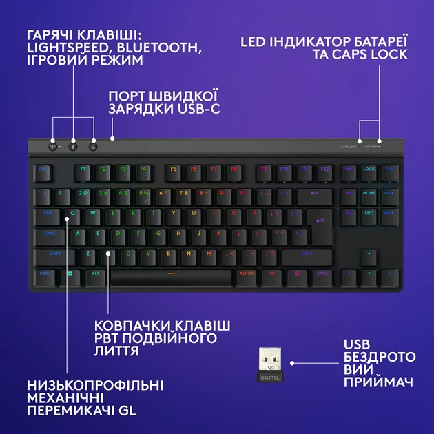 Клавіатура Logitech G515 LIGHTSPEED TKL Wireless Gaming Black (920-012538) (6998420) - Фото 8 Клавіатура Logitech G515 LIGHTSPEED TKL Wireless Gaming Black (920-012538) (6998420) - зображення 8