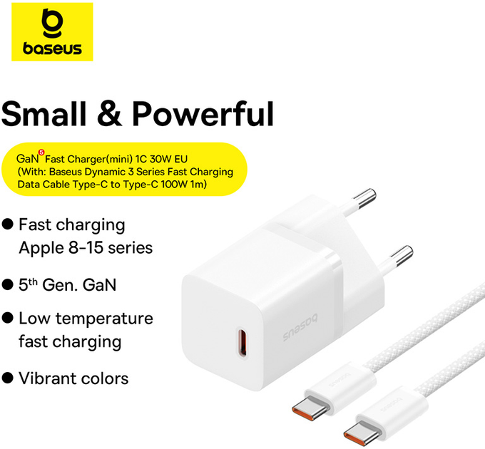 Зарядний пристрій Baseus GaN5 Fast Charger 1C 30W EU + Data Cable Type-C to Typ-C 100W Moon White (P10110902213-00) - зображення 12