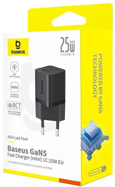 Зарядний пристрій Baseus GaN5 Fast Charger 1C 25W EU + Data Cable Type-C to Typ-C 100W Black (P10110909113-01) - зображення 6
