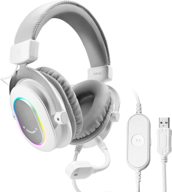 Fifine H6 White (7.1 CH, RGB) — ігрова гарнітура з віртуальним 7.1 Surround, програмованою RGB-підсвіткою - зображення 2