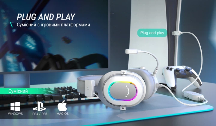 Fifine H6 White (7.1 CH, RGB) — ігрова гарнітура з віртуальним 7.1 Surround, програмованою RGB-підсвіткою - зображення 6