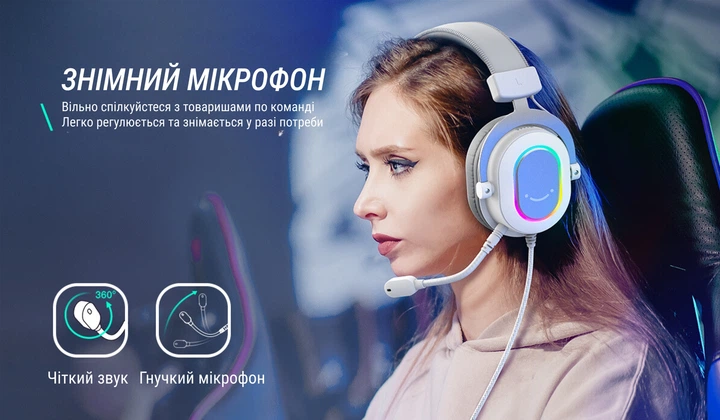 Fifine H6 White (7.1 CH, RGB) — ігрова гарнітура з віртуальним 7.1 Surround, програмованою RGB-підсвіткою - зображення 8