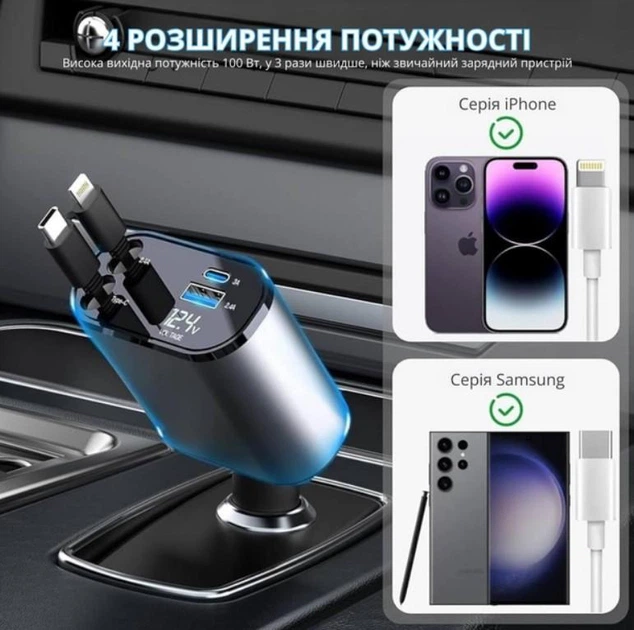 Автомобильное зарядное устройство в прикуриватель с быстрой зарядкой 4в1 Type-C 14x6.5x3.5 см - изображение 5