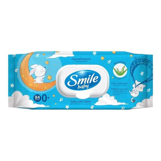 Салфетка волога SMILE BABY з клапаном 84 штуки в упаковці, гіпоалергенні - Фото 1 Салфетка волога SMILE BABY з клапаном 84 штуки в упаковці, гіпоалергенні - зображення 1