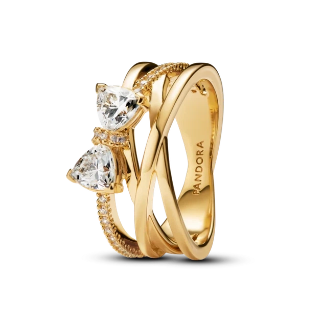 Каблучка Pandora Іскристий бант з покриттям 14k золотом 163511C01 60 - Фото 1 Каблучка Pandora Іскристий бант з покриттям 14k золотом 163511C01 60 - зображення 1