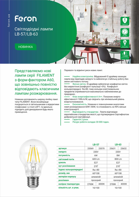 Світлодіодна лампа Feron Filament LB-63 8Вт E27 A60 800Lm 4000K нейтральне світло - зображення 2