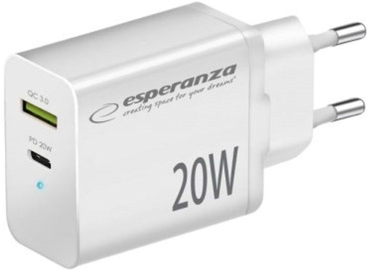 Ładowarka sieciowa Esperanza EZC105W USB-C 20W + USB-A 18W White (5901299960578) - obraz 1