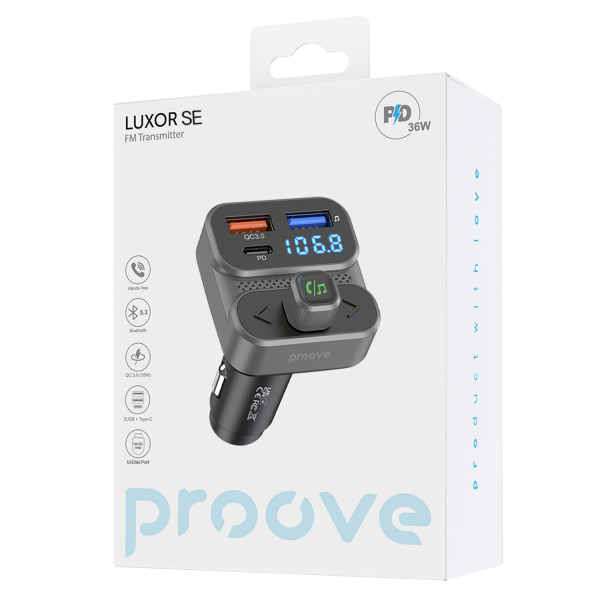 Автомобільний FM-трансмітер (модулятор) Proove Luxor SE (Bluetooth 5.3) із швидкою зарядкою Type-C&USB (PD+QC3.0) 36W Gray - зображення 5