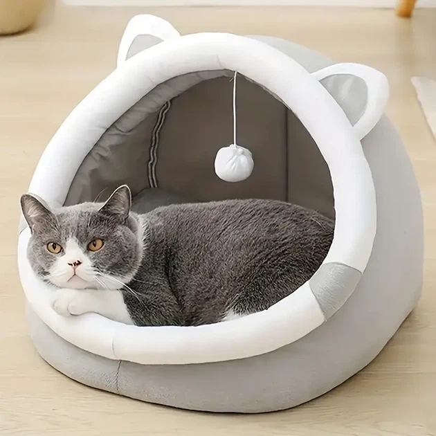 Лежанка будиночок для котів і маленьких собак до 10кг 42 x 42 x 35 см L з подушкою Сірий з вушками - Фото 7 Лежанка будиночок для котів і маленьких собак до 10кг 42 x 42 x 35 см L з подушкою Сірий з вушками - зображення 7