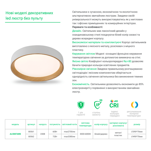 Накладний світильник ALMOND 60W AL5087 ARD бiлий + дерево Ardero 3000-6000К 2700Lm без пульта Ø390х70мм - зображення 2