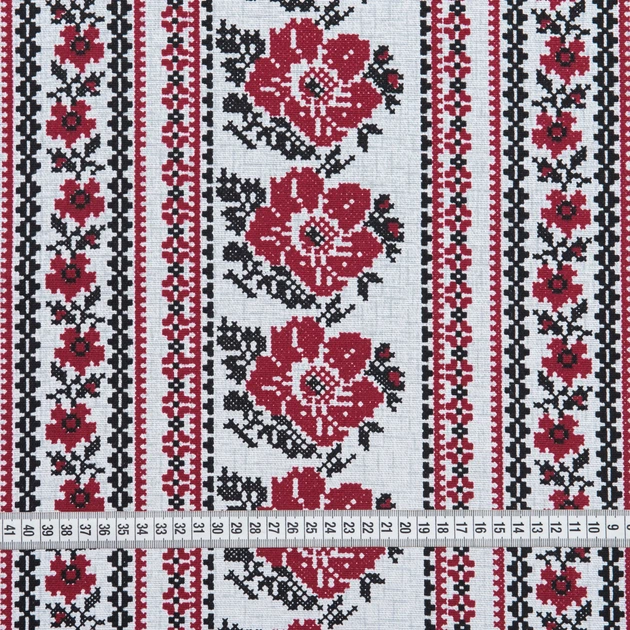 Тканина скатертна рогожка орнамент маки фон сірий (150г/м.кв150см пог.м) 184458 - зображення 3
