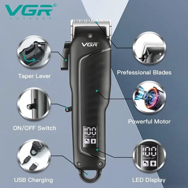 Беспроводная аккумуляторная машинка для стрижки волос VGR V-683 с насадками электробритва триммер Черный - изображение 5
