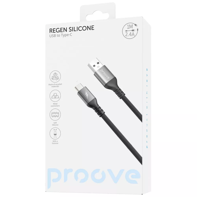 Кабель зарядний Proove ReGen USB to Type-C 27W 1м силіконовий Чорний - Фото 2 Кабель зарядний Proove ReGen USB to Type-C 27W 1м силіконовий Чорний - зображення 2
