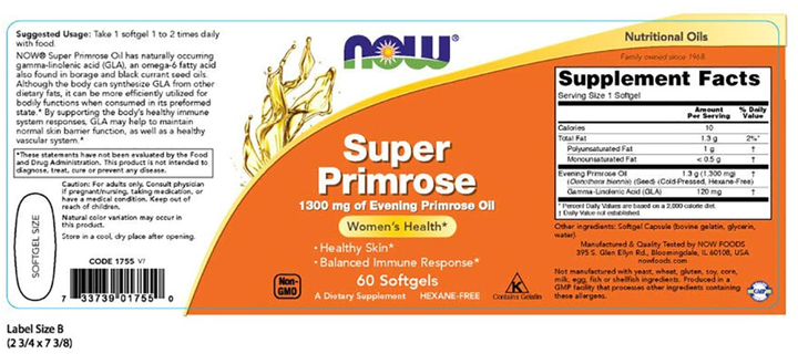 Натуральна добавка Now Foods Super Primrose Олія Примули Вечірньої 1300 мг 60 желатинових капсул (733739017550) - зображення 2