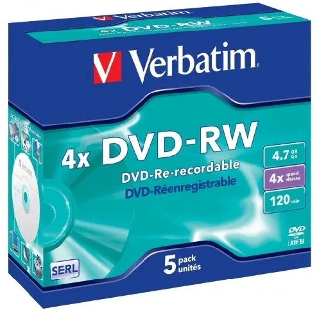 Dyski Verbatim DVD-RW 4.7 GB 4X Jewel Case Box 5 szt (VDRWB5-) - obraz 2