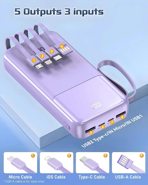 Power Bank 20000 mAh 22.5W Fast Charge, Вбудовані 4 кабелі Purple - Фото 2 Power Bank 20000 mAh 22.5W Fast Charge, Вбудовані 4 кабелі Purple - зображення 2