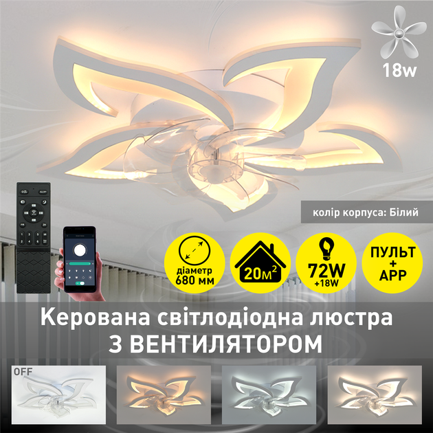 Керована світлодіодна люстра з вентилятором FAN ELLA 72W+18W 5F 680×120мм Біла - зображення 3