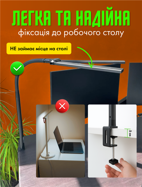 Настольная бестеневая лампа для компьютера монитора офисная трансформер светодиодная led десктоп лампа скринбар для рабочего стола с пультом ДУ регулировкой температуры света и яркости (2LED-24W) - изображение 6