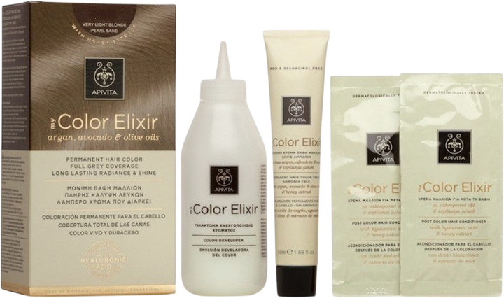 Фарба для волосся Apivita My Color Elixir 10.81 Platinum Blonde Pearl Ash 50 мл + Проявник 75 мл + Кондиціонер 2х15 мл + Одноразові рукавички + Інструкція (5201279077099) - зображення 2