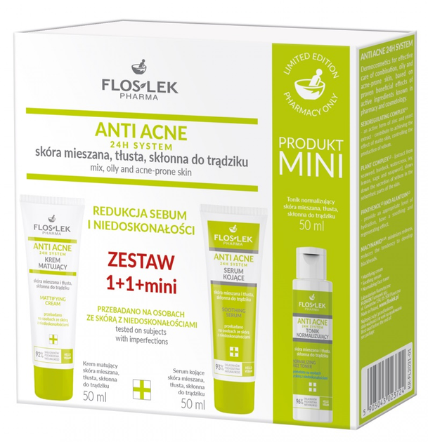Набір для догляду за обличчям Floslek Anti Acne Крем для обличчя матуючий 50 мл + Сироватка заспокійлива 50 мл + Тонік 50 мл (5905043023724) - зображення 1