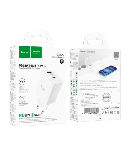 Сетевое зарядное устройство Hoco C126А (USB/USB-C/USB-C/PD40W)- белый - Фото 2 Сетевое зарядное устройство Hoco C126А (USB/USB-C/USB-C/PD40W)- белый - изображение 2