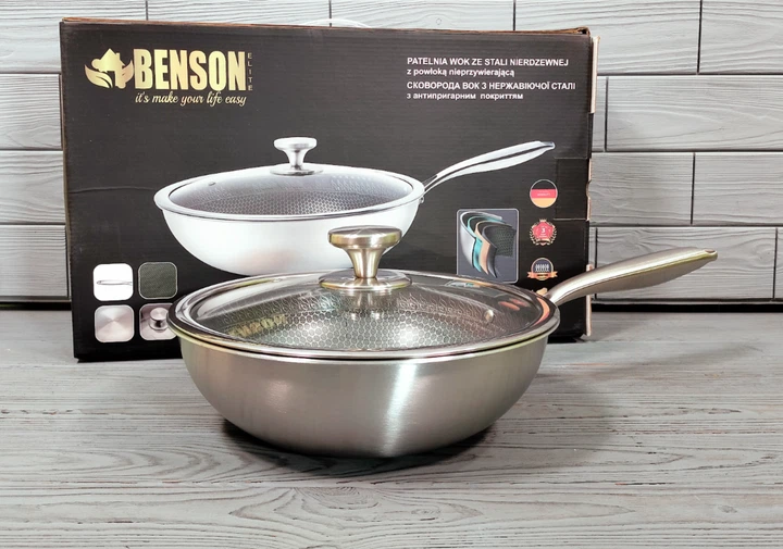 Сковорода професійна WOK з нержавіючої сталі 28 см Benson з антипригарним покриттям (BN-590) - Фото 2 Сковорода професійна WOK з нержавіючої сталі 28 см Benson з антипригарним покриттям (BN-590) - зображення 2