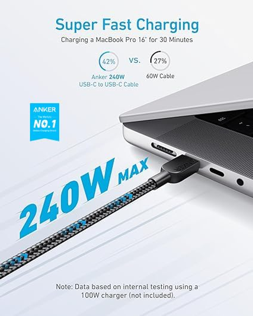 Kabel Anker USB-C to USB-C 240W 0.9m Black (A81D5H11) - obraz 2