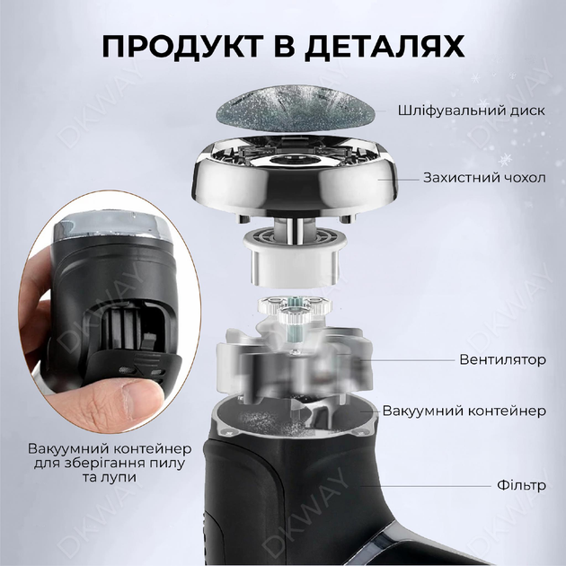 Электрическая пемза для ног пилка для пяток для педикюра с вакуумным пылесосом и LCD дисплеем DKWAY P334i черная + подарок 3 насадки - изображение 4