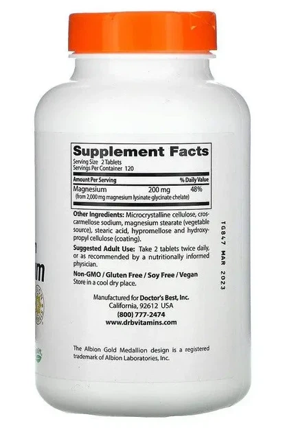 Магній з високим ступенем всмоктування Doctor's Best High Absorption Magnesium 100% Chelated with Albion Minerals, 100 mg 240 Tablets - Фото 3 Магній з високим ступенем всмоктування Doctor's Best High Absorption Magnesium 100% Chelated with Albion Minerals, 100 mg 240 Tablets - зображення 3