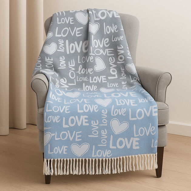 Плед бавовняний Love сіро-блакитний Love You 140 x 200 см - Фото 1 Плед бавовняний Love сіро-блакитний Love You 140 x 200 см - зображення 1