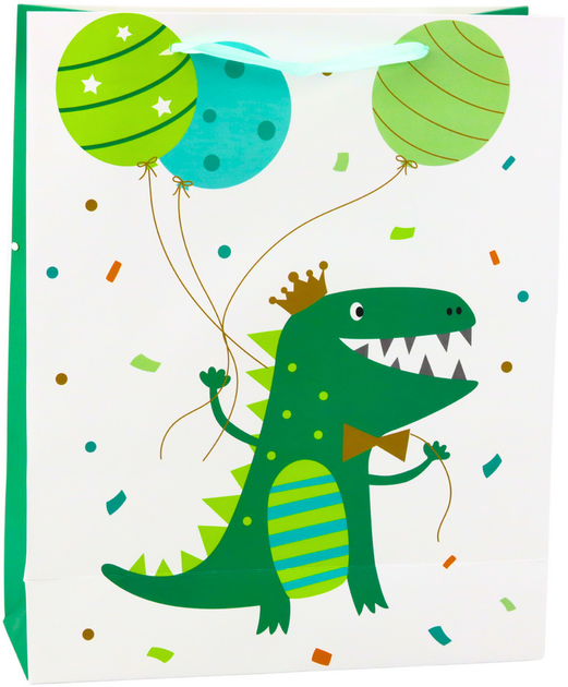 Torebka prezentowa LeanToys Dinozaur z balonami Biało-zielona 32 x 26 x 10 cm (5905991039945) - obraz 1