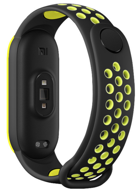 Ремешок Nike style для фитнес-браслета Xiaomi Mi Band 6/5 Черно-желтый + металическая кнопка (mrk5685) - Фото 2 Ремешок Nike style для фитнес-браслета Xiaomi Mi Band 6/5 Черно-желтый + металическая кнопка (mrk5685) - изображение 2