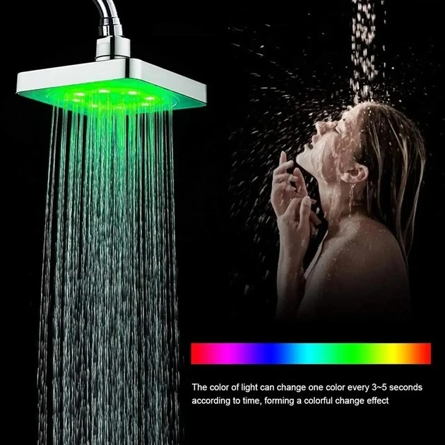 Лейка насадка для душу з LED підсвічуванням RGB світлодіодна, квадратна 150 мм LED Shower head AND XL-902(XL902 -AV) - зображення 5