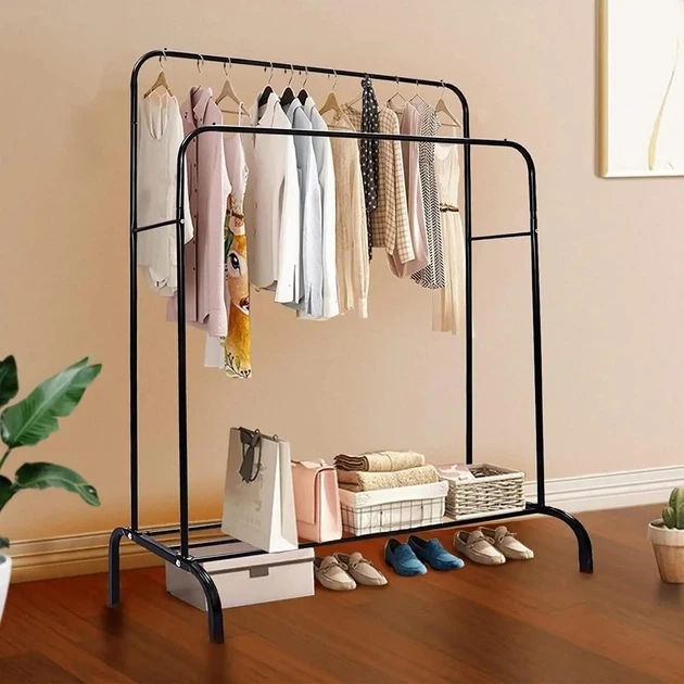 Двойная стойка для одежды Double floor Hanger для одежды и обуви с полкой Черная - изображение 2