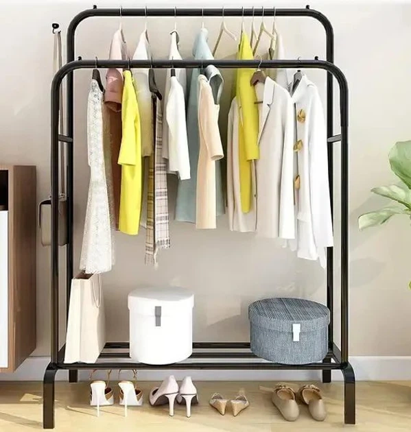 Двойная стойка для одежды Double floor Hanger для одежды и обуви с полкой Черная - изображение 4