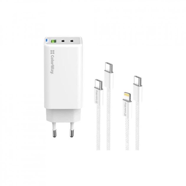 Зарядний пристрій ColorWay GaN Mini 65W PD Port PPS USB (USB-2C1A) cable Type-C&Lightning (CW-CHS058PDCL-WT) (254198) - Фото 2 Зарядний пристрій ColorWay GaN Mini 65W PD Port PPS USB (USB-2C1A) cable Type-C&Lightning (CW-CHS058PDCL-WT) (254198) - зображення 2