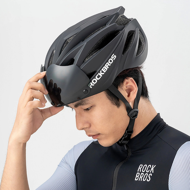 Kask rowerowy Rockbros z szybka, odpinane okulary z ochrona UV Black (5907769373350) - obraz 6