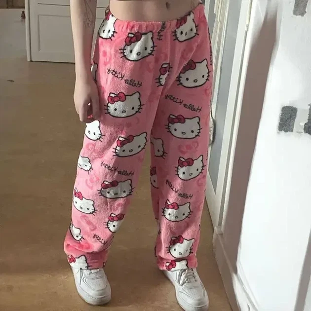 Пижамные штаны Hello kitty широкие трендовые плюшевые розовые - изображение 4
