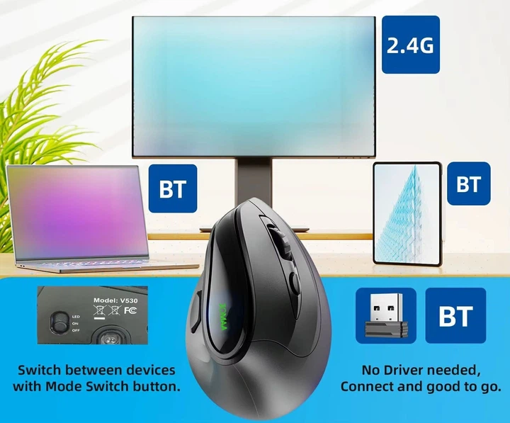 Вертикальна миша бездротова, безшумна JOMAA V530 з акумулятором та RGB підсвічуванням 2,4G+Bluetooth Black - зображення 3