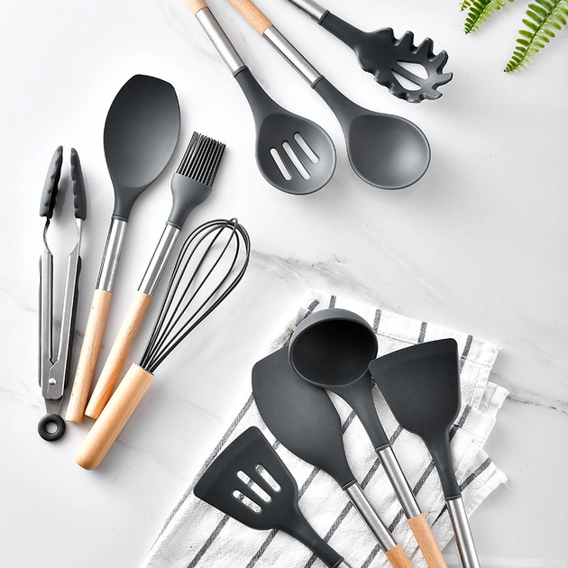 Набор кухонных принадлежностей из силикона и дерева с подставкой Kitchen Set 12 предметов Черный (HA-50) - изображение 6