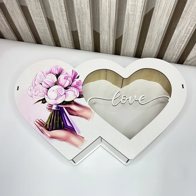Деревянная подарочная коробка двойное сердце с прозрачной крышкой Love - Фото 2 Деревянная подарочная коробка двойное сердце с прозрачной крышкой Love - изображение 2