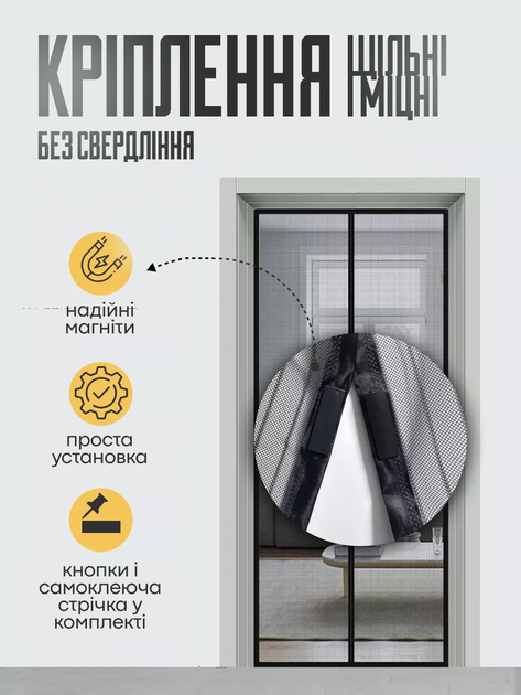 Антимоскитная сетка на двери от мух и комаров со скрытыми магнитами 90х210 см Черная (ANTIMOSKIT-90х210BL) - изображение 2