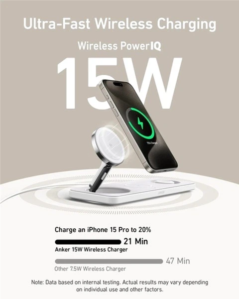 Бездротовий зарядний пристрій Anker MagGo Wireless Charging Station 15W 3-in-1 Pad White (B25M1321) - зображення 4