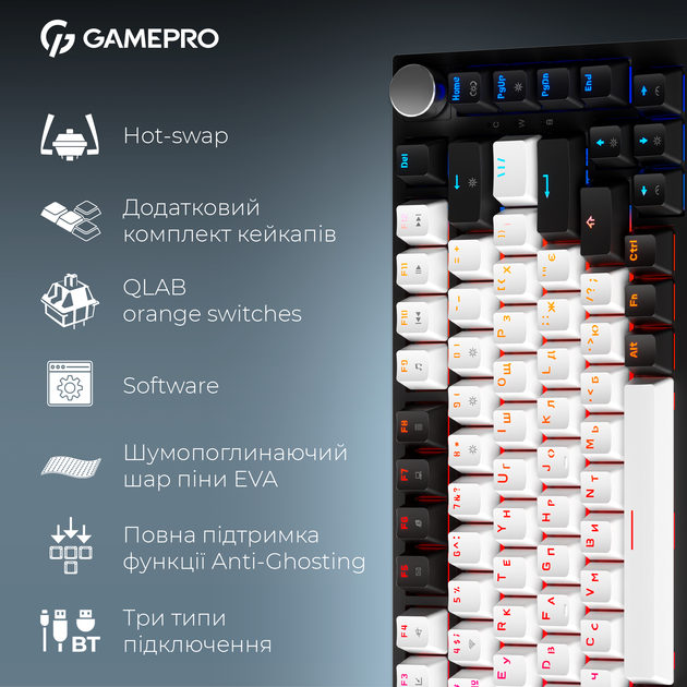 Клавиатура беспроводная GamePro Asgard Valhalla MK160B Pro 75% RGB Wireless/Bluetooth/USB Black - Фото 16 Клавиатура беспроводная GamePro Asgard Valhalla MK160B Pro 75% RGB Wireless/Bluetooth/USB Black - изображение 16