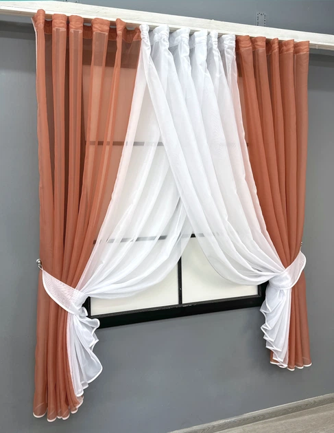 Кухонные шторки VR-Textil № 096к с подвязками коралловый с белым 400х170 см (52-1193) - изображение 2