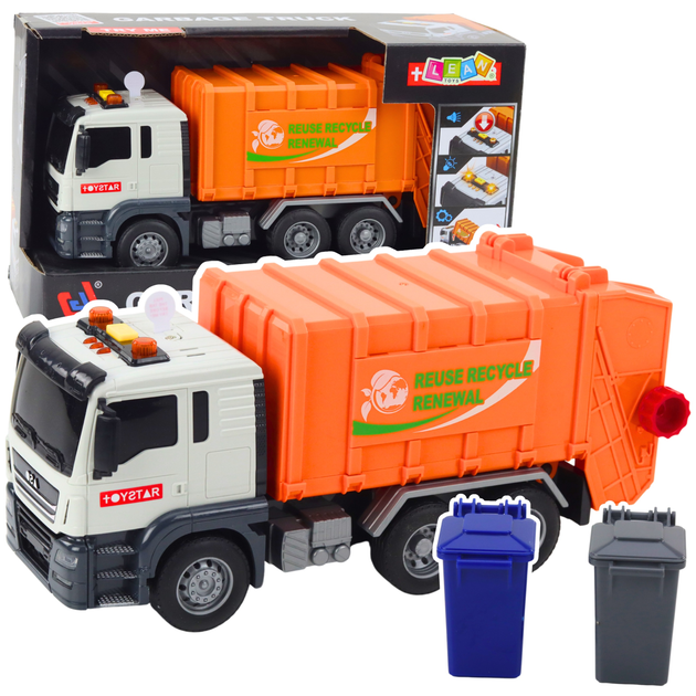 Сміттєвоз Lean Toys з контейнерами та світловими і звуковими ефектами 1:14 Помаранчевий (21438) (5905991038344) - зображення 2
