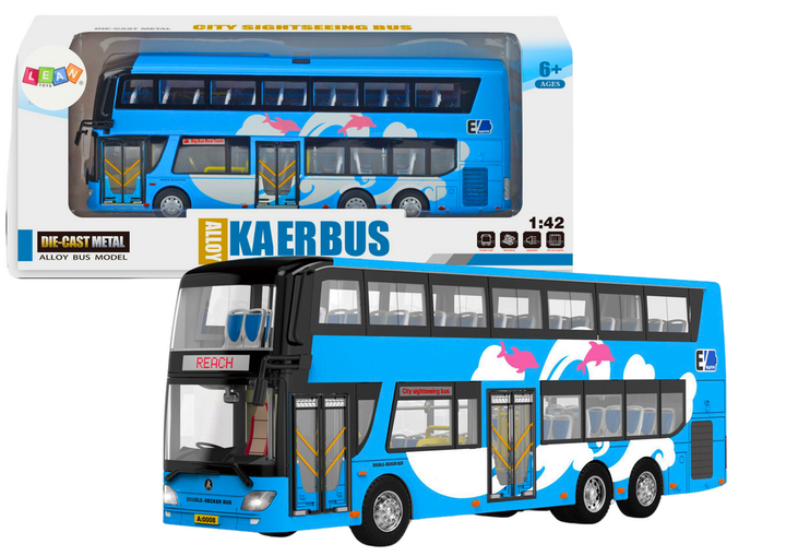 Autobus piętrowy Lean Toys wycieczkowy metalowy ze światłami 1:42 Niebieski (20341) (5905991026303) - obraz 2