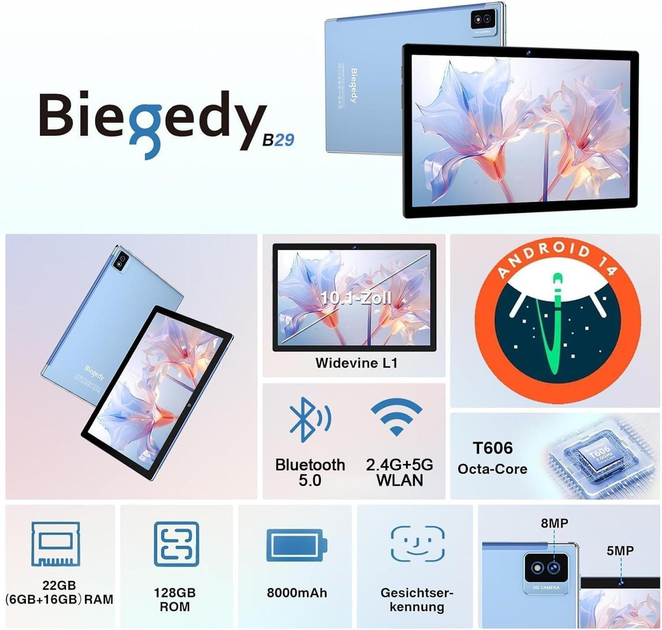 Планшет 10.1" Biegedy B29 6+16/128Gb / 8 ядер / Android 14 / 8000 mAh / Черно-голубой (101978220) - Уценка - изображение 2