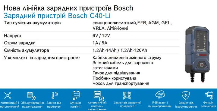 Зарядний пристрій Bosch C40-Li (6 В / 12 В) 5 A (0 189 921 040) - изображение 8